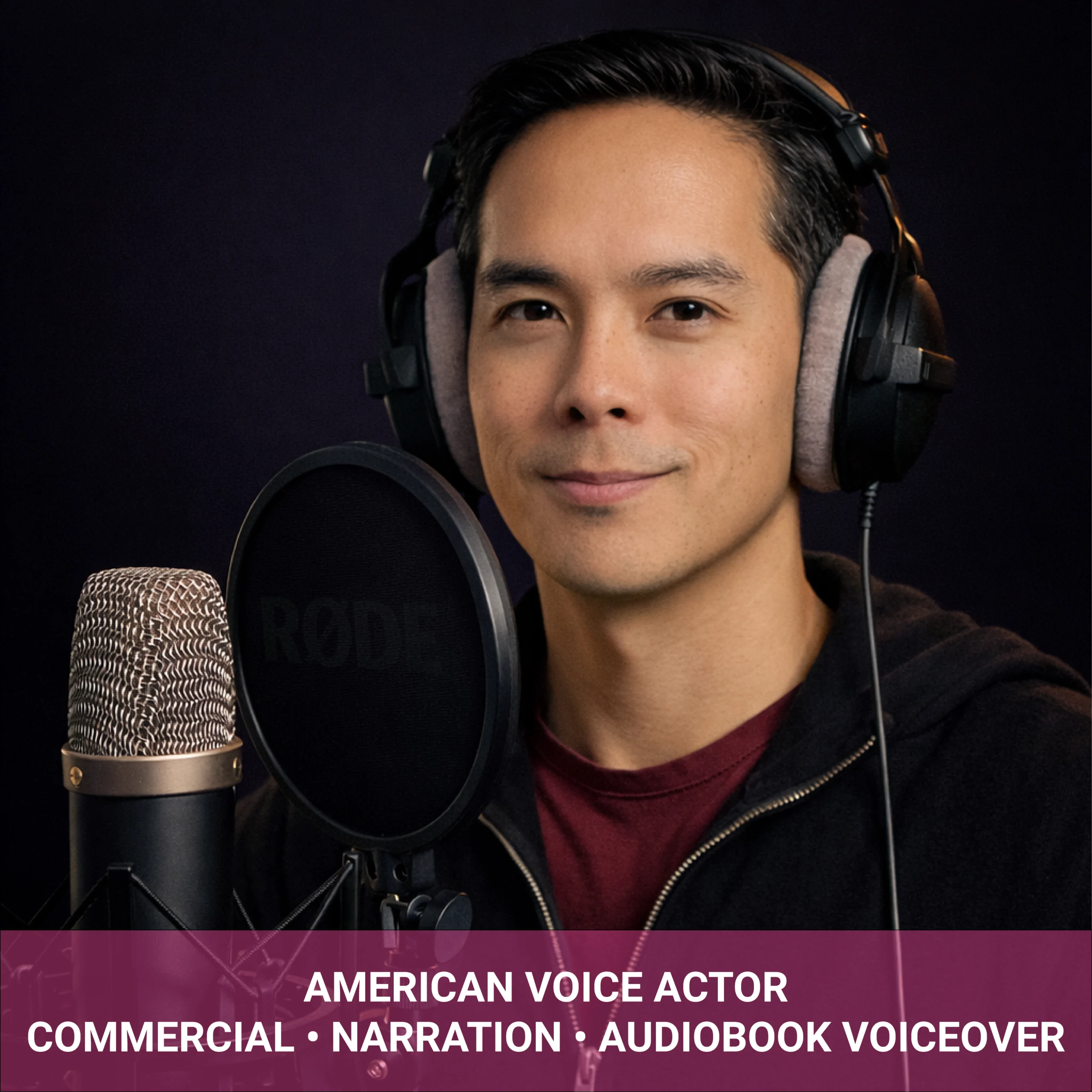Rodney Young American voice actor recording in home studio with microphone and headphones